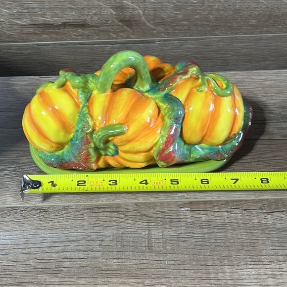 Vtg Essential Home Pumpkin Covered Butter Dish Ceramic Harvest Fall Thanksgiving - Picture 8 of 12